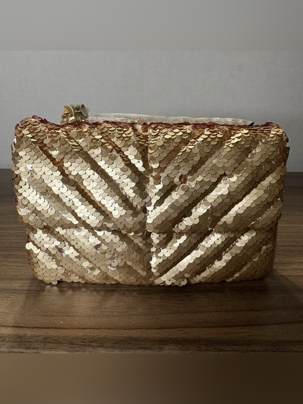 Nicole Miller Gold Sequin Chain Strap Crossbody Small Bag Purse Card Slots NWT